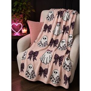 NWT Halloween Pink Ghost Plush Throw Blanket 60x70 Coquette Leopard Bow Soft